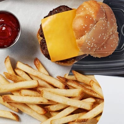 burger and french fries with ketchup