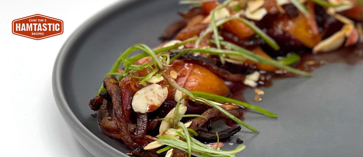 ham and beet salad on gray plate