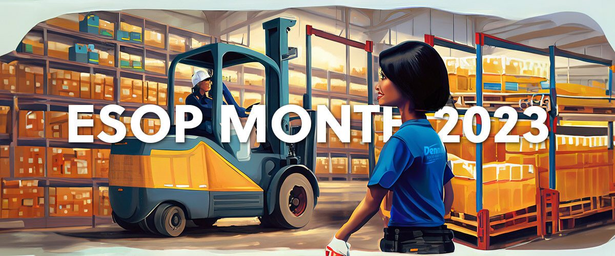 illustration of a warehouse scene, woman in the foreground, forklift operator in the background, text says "esop month 2023"