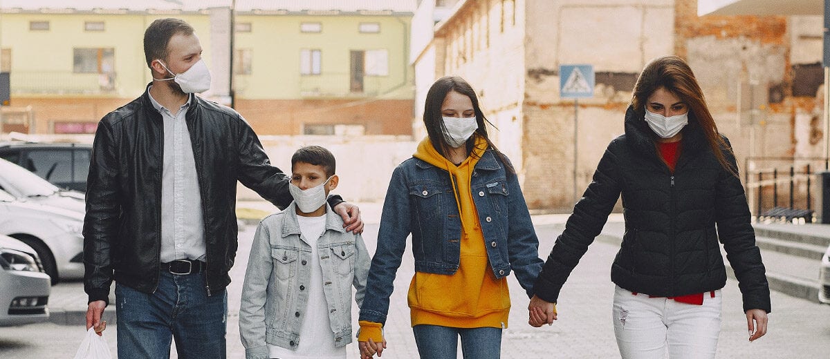 Masked Family walking together