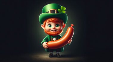 illustration of adorable leprechaun holding a sausage