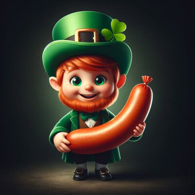 illustration of adorable leprechaun holding a sausage