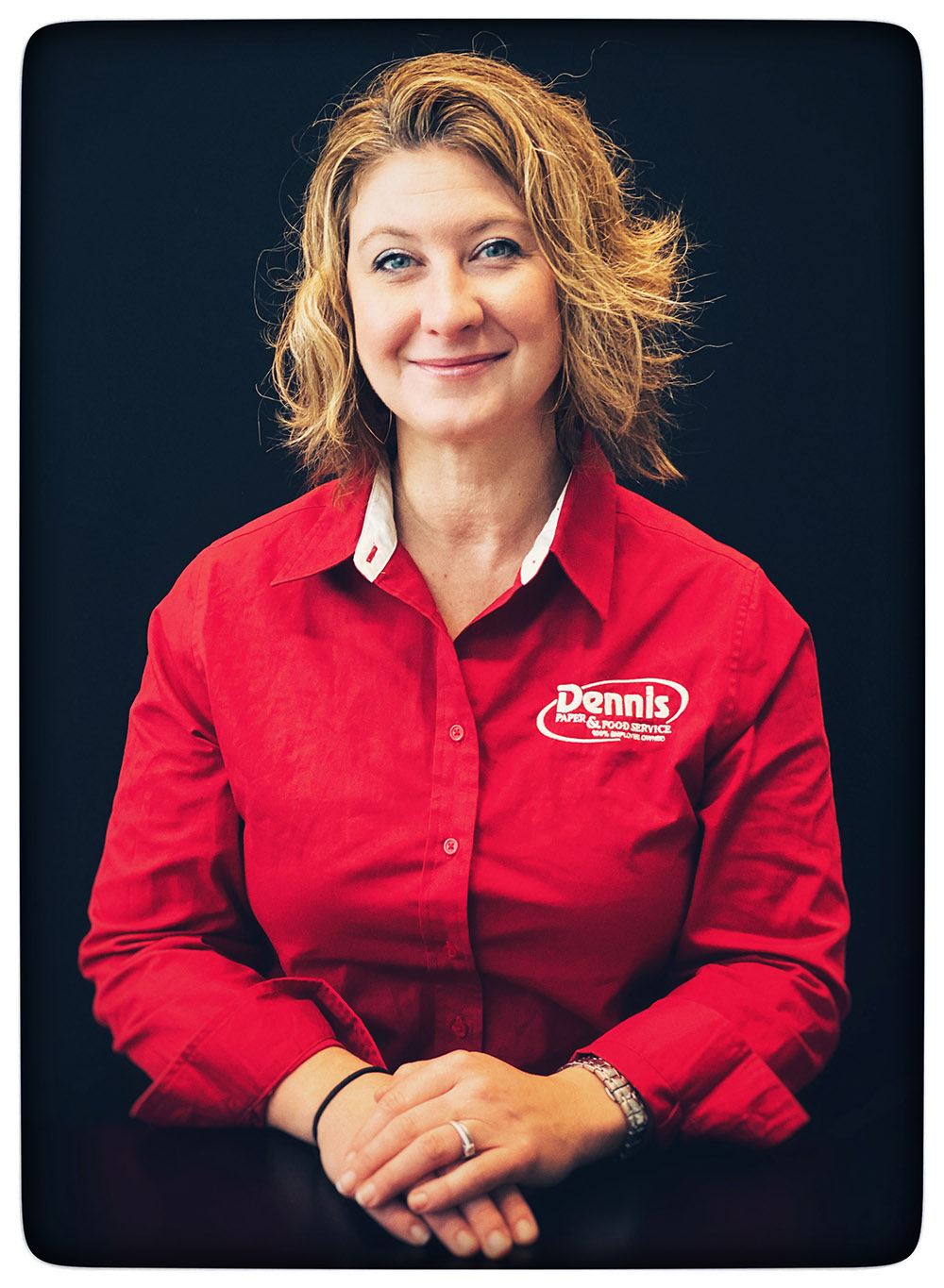 woman in red shirt