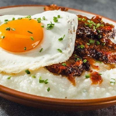 brisket with grits and egg and kogi sauce