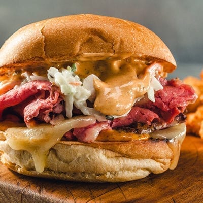 corned beef sandwich with slaw and kogi sauce