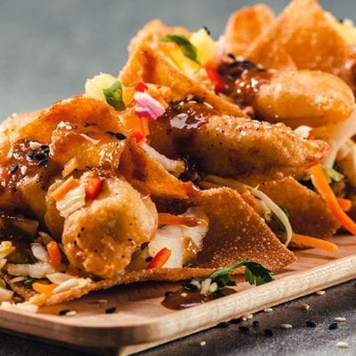 wonton tacos platter with kogi sauce