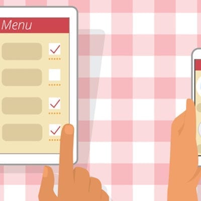 menu with hands on checkered red tablecloth illustration