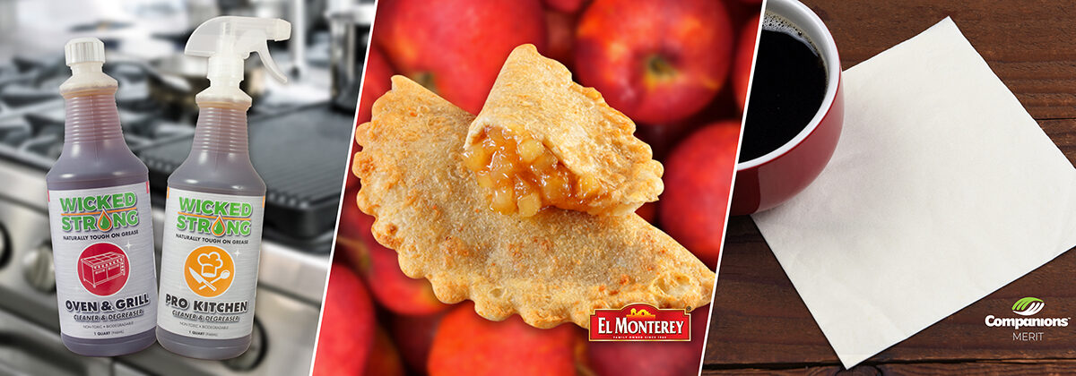 Wicked strong cleaning products on clean kitchen background, apple pie empanadas on red apple background, and small white square bevarage napkins with cup of coffee in the corner