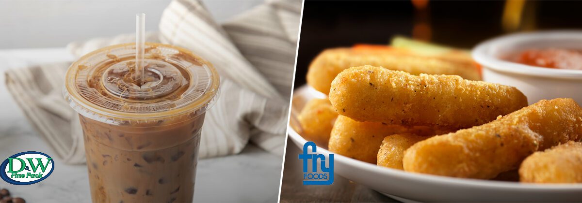 transparent straw in plastic to-go coffee cup, plated mozzarella sticks with side of marinara dipping sauce