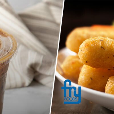 transparent straw in plastic to-go coffee cup, plated mozzarella sticks with side of marinara dipping sauce