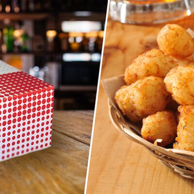 folded takeout chicken box fast top and golden potato tater tots