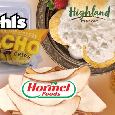 Gallon jug of tartar sauce next to jug of bown hot honey sauce, packaged tortilla chips in container, sliced chicken with Hormel logo, plate of biscuits and gravy with sliced straberry and highland market logo, 5 square slices of cornbread on wood plate and bake n joy logo