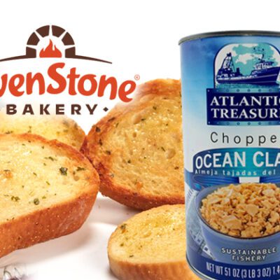 breadsticks in basket, Texas toast pieces cut up with Ovenstone logo, can of chopped sea clams, egg omelet on plate with vegetables.