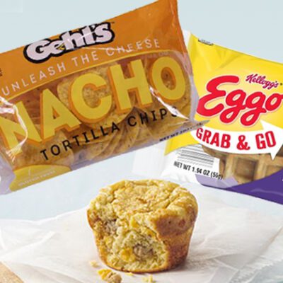 package of nacho tortilla chips, package of sliced pastrami, package of different types of salami, a bitten into egg bite muffin shape, package of eggo grab and go waffles