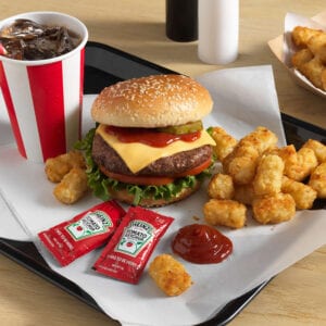 portion controlled ketchup packets with hamburger meal