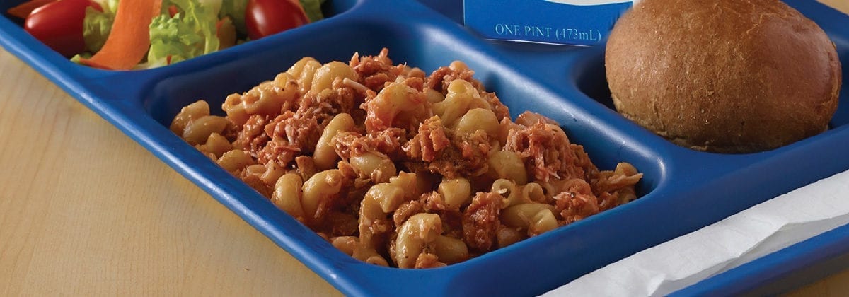 pasta with sauce on school tray