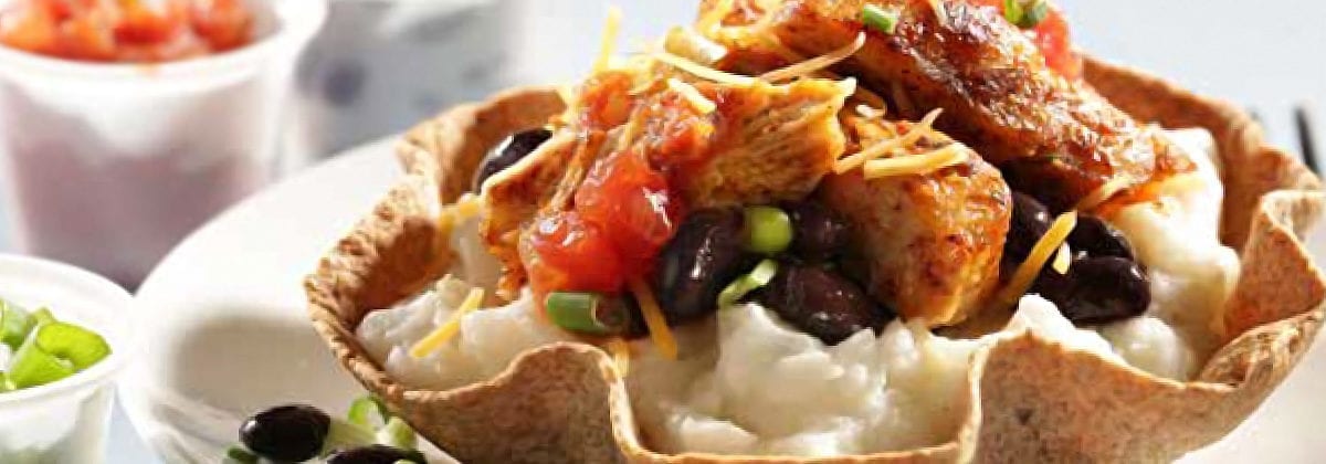 mashed potato tacos in tortilla bowl