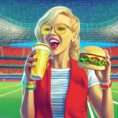 ai painting of a blonde woman eating a cheeseburger in a stadium