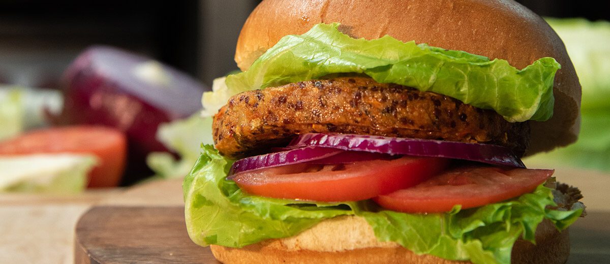 meatless burger with lettuce, tomato, onion